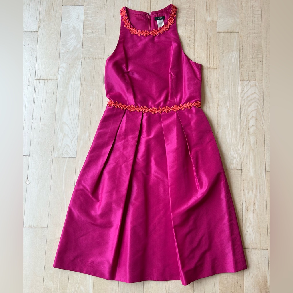J. Crew 100% Silk Sleeveless Pleated A-Line Dress Fuchsia Pink W/ Orange Trim 2